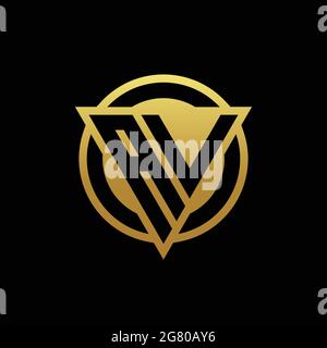 Monogramma con logo AV a forma di triangolo e cerchio arrotondato isolato sui colori oro e modello di sfondo nero Illustrazione Vettoriale