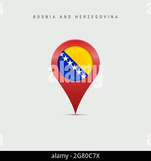 Cartografia a goccia con bandiera della Bosnia-Erzegovina. Bandiera bosniaca inserita nel perno della mappa di localizzazione. Illustrazione isolata su sfondo grigio chiaro Foto Stock