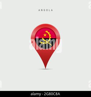 Marcatore a goccia con bandiera dell'Angola. Flag angolano inserito nel pin della mappa della posizione. Illustrazione isolata su sfondo grigio chiaro. Foto Stock