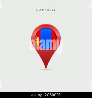 Cartografia a goccia con bandiera della Mongolia. Bandiera della Mongolia inserita nel pin della mappa di localizzazione. Illustrazione isolata su sfondo grigio chiaro. Foto Stock