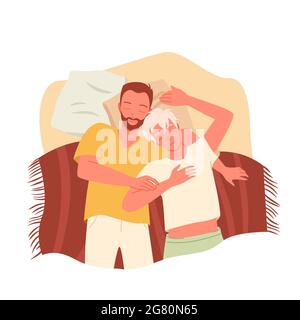 La gente di coppia gay dorme insieme di notte, i personaggi amanti omosessuali felici dorme Illustrazione Vettoriale