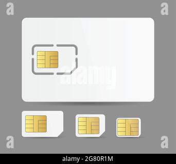 Set di schede sim del telefono, schede SIM bianche realistiche per la raccolta di smartphone del telefono cellulare Illustrazione Vettoriale