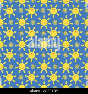 Carino vettore sorridente ridendo Kawaii sole e fiori senza cuciture motivo sfondo. Cartoon giallo tempo e fiori icone backrop giallo blu. Divertimento Illustrazione Vettoriale