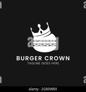Burger con logo Crown. Il design del ristorante Hamburger, dal design piatto, Big Burger e Crown su sfondo scuro. Illustrazione Vettoriale