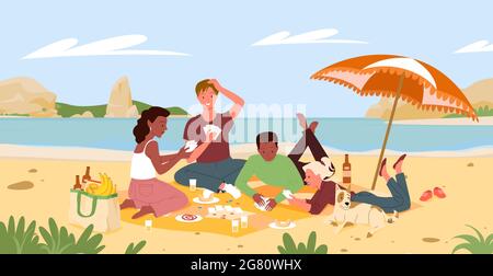 Amici persone sulla spiaggia picnic in estate mare terra, giocando divertente gioco di carte Illustrazione Vettoriale