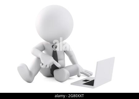 uomo in 3d seduto con il computer portatile. Illustrazione 3D. Isolato su bianco Foto Stock
