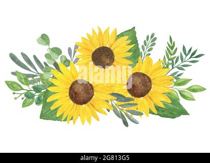 Composizione floreale, girasole, foglie acquerello illustrazione, campo agricolo piante estate bouquet, fiore, rami, per biglietto d'auguri, boho deco Foto Stock