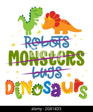 Robot, mostri, insetti, DINOSAURI - divertente doodle disegnato a mano, dino cartoon. Adatto per poster o t-shirt grafica tessile. Vettore illus disegnato a mano Illustrazione Vettoriale