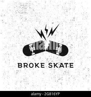Logo del club skateboard. Semplice illustrazione vettoriale di un club di skateboard rotto, in stile vintage e grunge texture, isolato su uno sfondo bianco Illustrazione Vettoriale