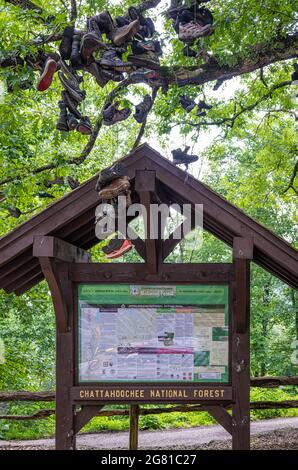 Mappa Appalachian Trail e cartellone informativo sotto Shoe Tree a Walasi-Yi lungo l'Appalachian Trail nella Chattahoochee National Forest della Georgia. (STATI UNITI) Foto Stock