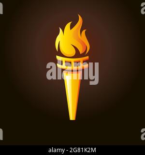 Concetto del logo della torcia con fiamma. Sport fuoco dorato segno creativo. Concorsi, unioni, club o icona di confederazione con fiamme. Grafici astratti isolati Illustrazione Vettoriale