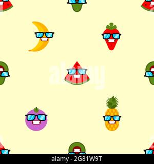 Frutta con occhiali modello senza cuciture. Frutta fresco sfondo. Cocomero e banana. Mangosteen e fragole. Ananas e avocado Illustrazione Vettoriale