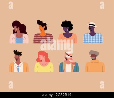 otto persone di diversi personaggi di razza Illustrazione Vettoriale