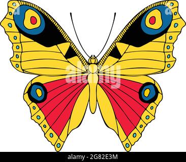 Elegante farfalla colorata , illustrazione vettoriale, icona. Farfalla con ali aperte, vista dall'alto Illustrazione Vettoriale