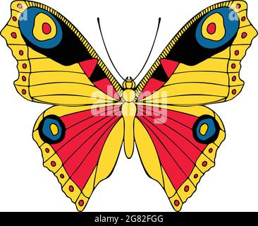 Elegante farfalla colorata , illustrazione vettoriale, icona. Farfalla con ali aperte, vista dall'alto Illustrazione Vettoriale