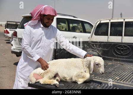 Riyadh, Arabia Saudita. 16 luglio 2021. Un uomo acquista una pecora prima del Festival Eid al-Adha in un mercato nel sud-ovest Riyadh, Arabia Saudita, 16 luglio 2021. Credit: Wang Haizhou/Xinhua/Alamy Live News Foto Stock