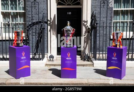 Londra, Regno Unito. 16 luglio 2021. Trofei della Coppa del mondo di Rugby League 2021. Credit: Mark Thomas/Alamy Live News Foto Stock