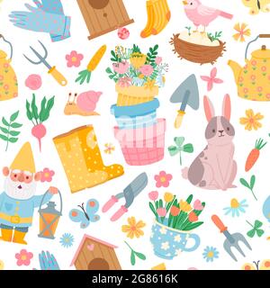 Modello senza giunture a molla. Elementi di attrezzi da giardino, pentole con fiori, verdure, coniglio, gnomo e casa di uccello. Carino giardinaggio stampa vettoriale piatta Illustrazione Vettoriale