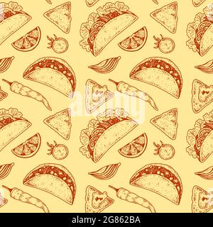 Piatti messicani senza cuciture con taco. Illustrazione vettoriale nello stile di schizzo Illustrazione Vettoriale