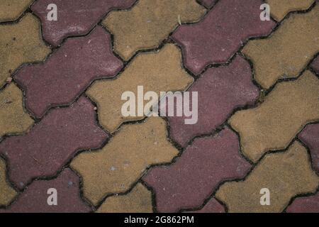 Una passerella pedonale in un parco pubblico, piastrellata con piastrelle decorative in pietra Foto Stock