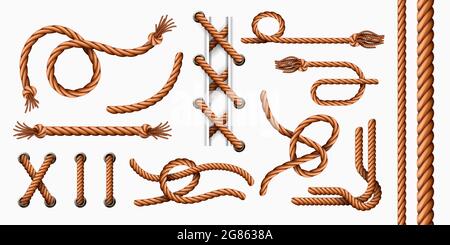 Elementi di corda realistici. Corde di iuta a vela ricurve con anse e nodi, spazzole di corda di canapa e filo con nappina. Set di vettori di funi in fori Illustrazione Vettoriale