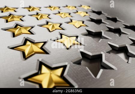 Classifica stelle con 5,4,3,2,1 stelle. Illustrazione 3D. Foto Stock