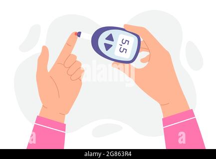 Analisi della glicemia. Le mani trattengono il glucometro e misurano il livello di zucchero mediante il bastoncino. Concetto vettoriale del dispositivo di monitoraggio e analisi del diabete Illustrazione Vettoriale
