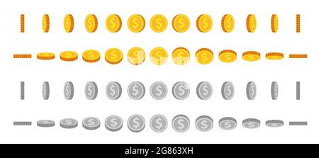 Sprite di animazione delle monete di cartoni animati. Le monete d'oro e d'argento ruotano e ruotano. Dollaro rotondo per il gioco animato. Icona denaro nel gruppo di vettori della vista angolare Illustrazione Vettoriale