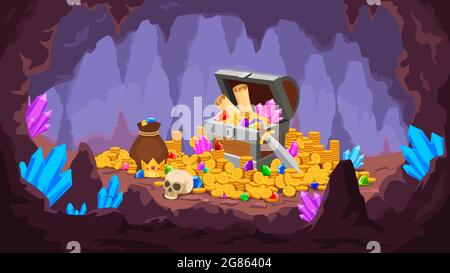 Grotta del tesoro. Miniera con mucchio di monete d'oro, cristalli, vecchio petto con mappa e gemma, borsa di denaro e cranio. Cartoon pirata tesoro scena vettoriale Illustrazione Vettoriale