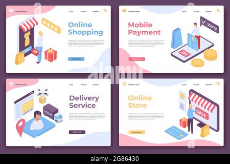 Pagina di destinazione per gli acquisti online. Pagine isometriche del sito Web per il pagamento mobile, il servizio di consegna e l'app Shop. Set di vettori di acquisto ordine cliente Illustrazione Vettoriale