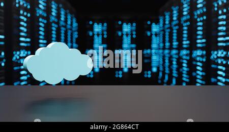 cloud sopra un tavolo vuoto con sfondo sfocato di una stanza piena di server illuminati. concetto di storage e connettività cloud. rendering 3d Foto Stock