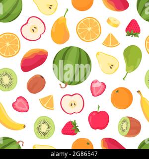 Frutta modello senza cuciture. Agrumi tropicali e frutti di bosco, banana, arancia, anguria, mango e fragola. Stampa vettoriale di cibo tropicale estivo Illustrazione Vettoriale