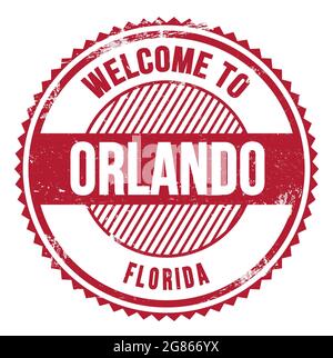 BENVENUTI A ORLANDO - FLORIDA, parole scritte sul francobollo zig-zag rosso Foto Stock