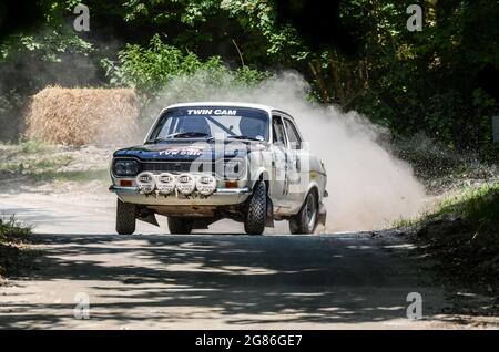 Ford Escort Mk1 auto da rally sul palco del Goodwood Festival of Speed 2013. Classic 1968 Twincam Escort sovrasterzo attraverso il palcoscenico forestale Foto Stock