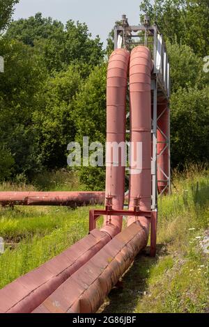 Acqua calda - tubi di vapore con ponte nella natura estiva Foto Stock