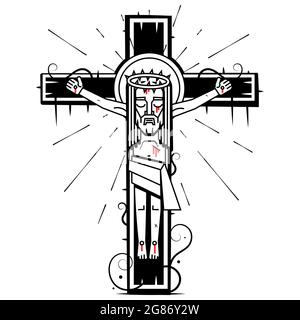 Gesù Cristo, il Figlio di Dio in una corona di spine sulla sua testa, un simbolo del cristianesimo disegnato a mano vettore illustrazione realistico schizzo Illustrazione Vettoriale