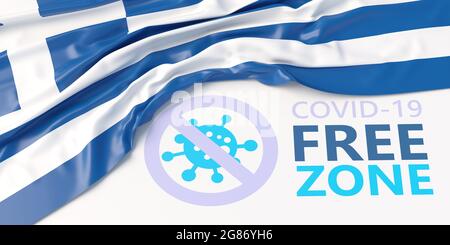 Grecia Covid segnale zona franca. Banner informativo, bandiera e testo greco, zona franca COVID-19. Aree disinfettate, concetto di solo vaccinazione. illustrazione 3d Foto Stock