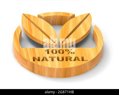 Icona rotonda 3D con due foglie e il messaggio 100% naturale con una struttura di legno chiaro, sostenibilità, stile di vita sano, riciclaggio, svantaggi ambientali Foto Stock