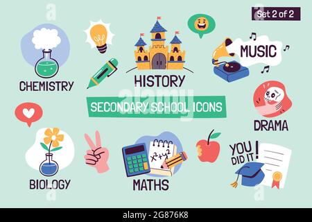 Soggetti scolastici icone educative. Etichette vettoriali disegnate a mano con soggetti della scuola secondaria. Perfetto per orari, siti web, applicazioni scolastiche, adesivi Illustrazione Vettoriale