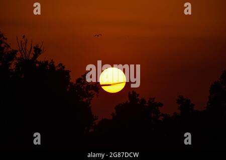 Srinaga, India. 17 luglio 2021. Il sole tramonta dopo una calda giornata estiva a Srinagar. (Immagine di credito: © Saqib Majeed/SOPA Images via ZUMA Press Wire) Foto Stock