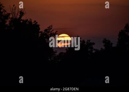 Srinaga, India. 17 luglio 2021. Il sole tramonta dopo una calda giornata estiva a Srinagar. (Immagine di credito: © Saqib Majeed/SOPA Images via ZUMA Press Wire) Foto Stock