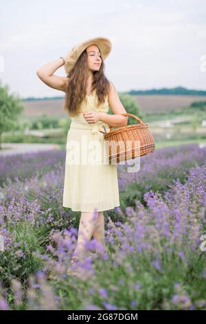 Ritratto a lunghezza intera di una bella giovane donna, indossando un abito beige giallo chiaro, cappello di paglia, camminando con borsa di vimini in estate fiorendo campo di lavanda, godendo profumo di lavanda Foto Stock