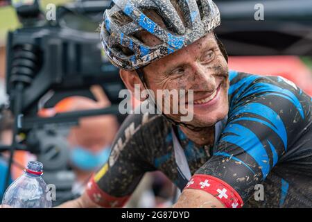 Urs Huber della Svizzera, Vincitore della MB-Race Ultra Somfy 2021, UCI Mountain Bike XCM, Campionati francesi VTT Maratona il 17 luglio 2021 a Megève, Francia - Foto Olly Bowman / DPPI Foto Stock