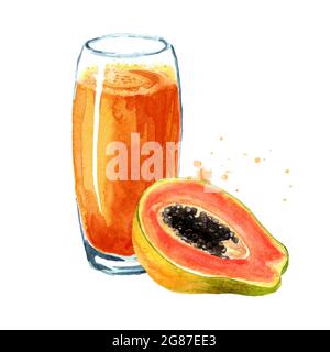 Frullato di papaya con frutta matura. Immagine disegnata a mano con acquerello isolata su sfondo bianco Foto Stock