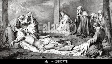 La discesa di Gesù Cristo dalla croce di Paolo Delaroche. Antica illustrazione del 19 ° secolo inciso da El Mundo Ilustrado 1880 Foto Stock