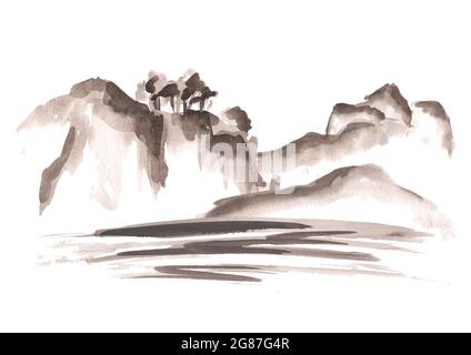 Montagne e fiume o mare, cinese asiatico e giapponese in stile orientale. Illustrazione di acquerello disegnata a mano, isolata su sfondo bianco Foto Stock