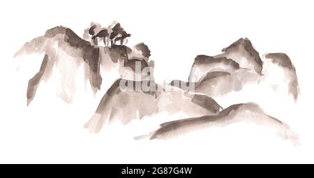 Montagne, cinese asiatico e giapponese in stile orientale. Illustrazione di acquerello disegnata a mano, isolata su sfondo bianco Foto Stock