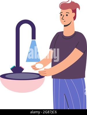 un uomo si lava le mani per evitare il coronavirus. L'uomo mantiene l'igiene e la pulizia. Illustrazione vettoriale in un ragazzo di stile piatto, washstand, acqua di rubinetto. Isolato su bianco Illustrazione Vettoriale