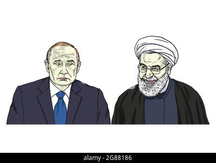 Vladimir Putin con Hassan Rouhani. Illustrazione del cartone di caricatura del ritratto del vettore Illustrazione Vettoriale