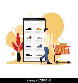 Concetto di vettore di commercio mobile, un uomo con un carrello pieno di articoli di shopping, illustrazione di pubblicità di e-commerce. Illustrazione Vettoriale